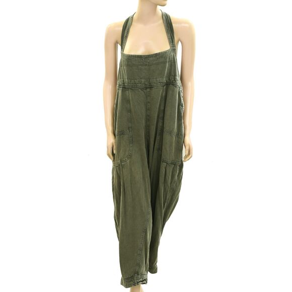 Free People We The Free Felix Tapered Overalls Jumpsuit Pinafore Olive M 282731 - Picture 9 of 11